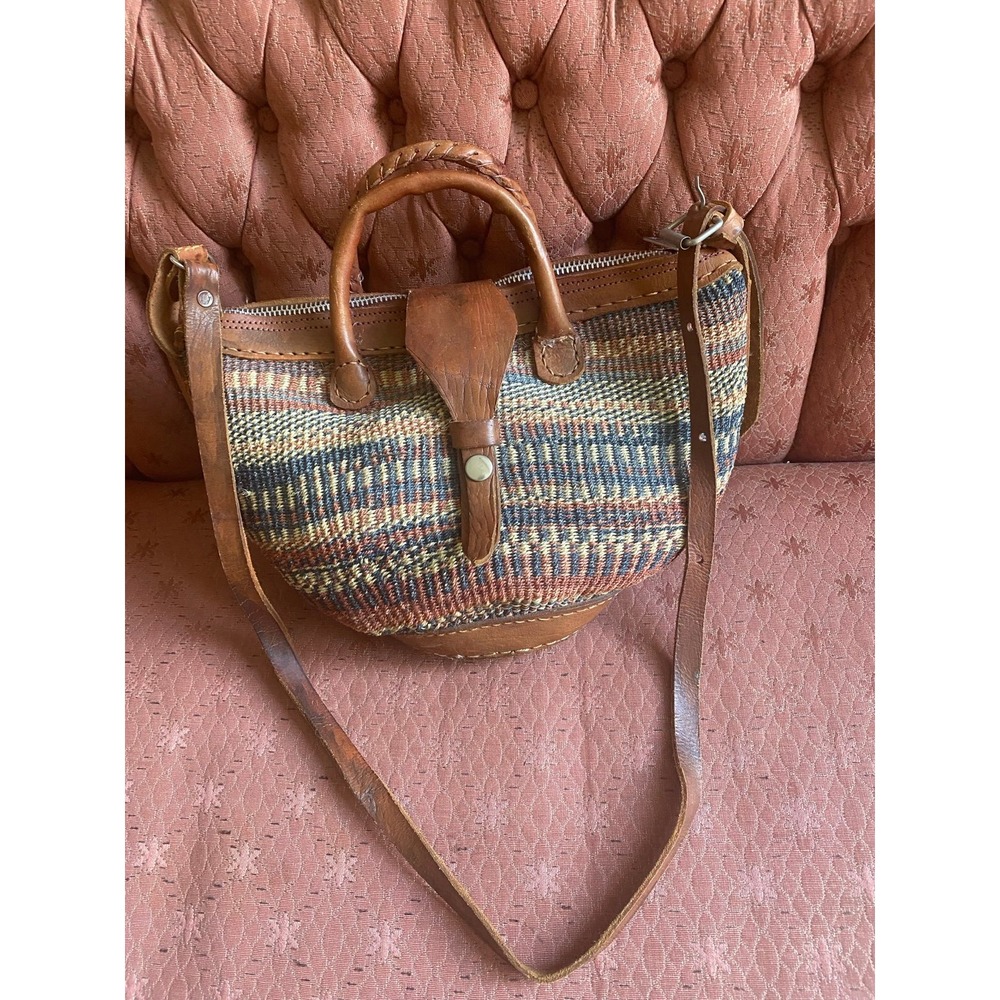 Vintage Kenya Sisal Woven Leather Handbag African Purse s2